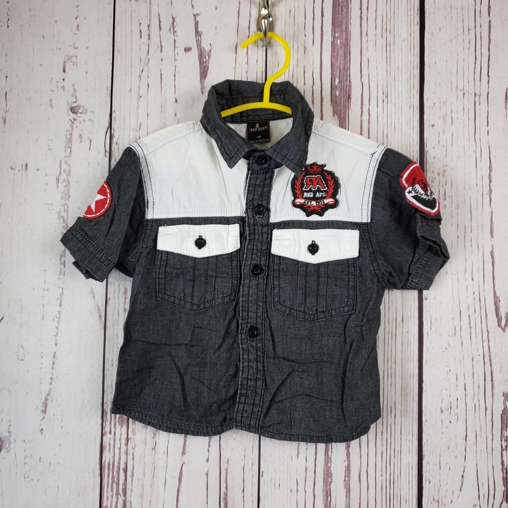 Red Ape Button Down Shirt Boys Size 18M Short Sleeve Cotton Black